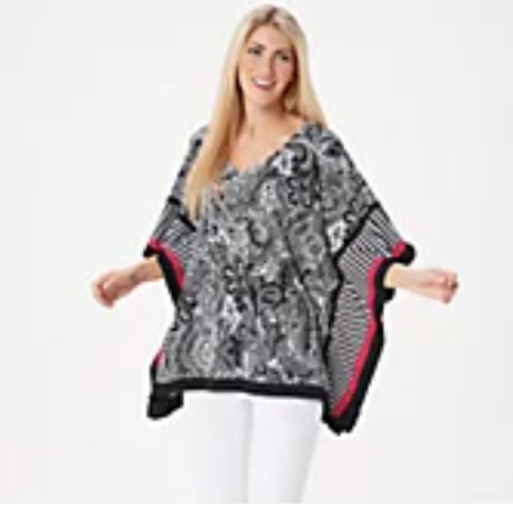 Women's Susan Graver Size 1X Liquid Knit Scarf Top Black, White, and Pink